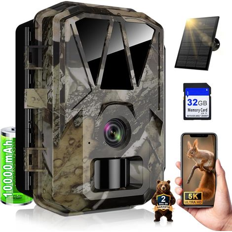 Caméra de Chasse Solaire, Camera Chasse 5K/64MP WiFi Rechargeable 10000mAh (1/5)