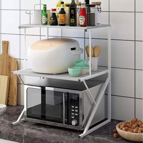 Scaffale Mensole Cucina Mobiletto Porta Microonde 2 Ripiani Metallo Legno Bianco (1/5)