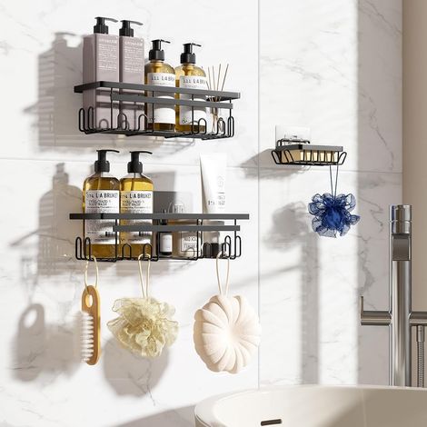 (Black)Bathroom Shelf with Soap Dish, 3PCS, Shower Shelf No Drilling, Rustproof Bathroom Accessory, Essentials for Bathroom, Kitchen (1/3)