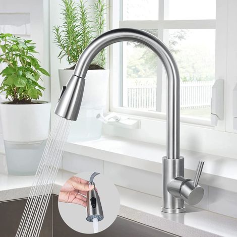 Robinet Cuisine, Mitigeur Évier en Acier Inoxydable 304, Robinet Évier Rotatif à 360° avec Douchette Extractible, Mitigeur Cuisine 2 Jets d'Eau Écrou en Laiton Sans Plomb Brossé (1/5)