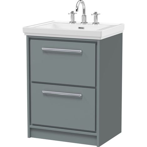 Balterley Longnor Modern Floor Standing 2-Drawer Bathroom Vanity with Fireclay Basin, Coastal Grey, 600mm