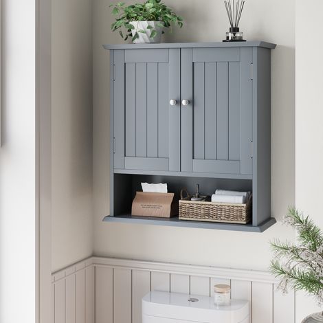 Mobile bagno pensile in MDF grigio chiaro 54,6 cm con 2 ante, ripiani aperti e ripiano interno regolabile (1/5)