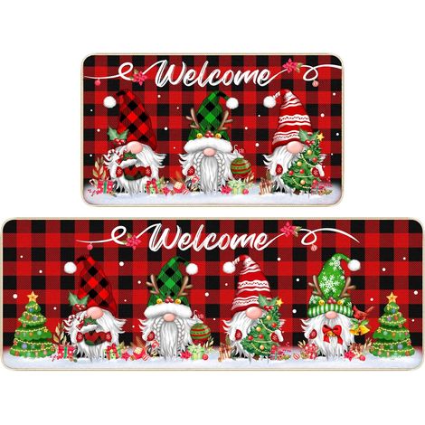 Tapis de cuisine de Noël, lot de 2, motif gnomes, paillasson, motif à carreaux de buffle rouge, antidérapant, décoratif, pour la maison, la salle de bain, les vacances (40 x 60 cm, 40 x 120 cm) (1/4)