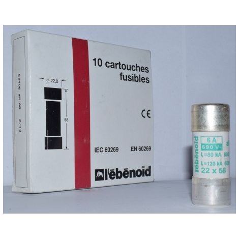 Fusible 6A cartouche 22X58mm aM usage industriel (boite de 10) HPC 80kA 660V sans percuteur EBENOID 060406 (1/2)