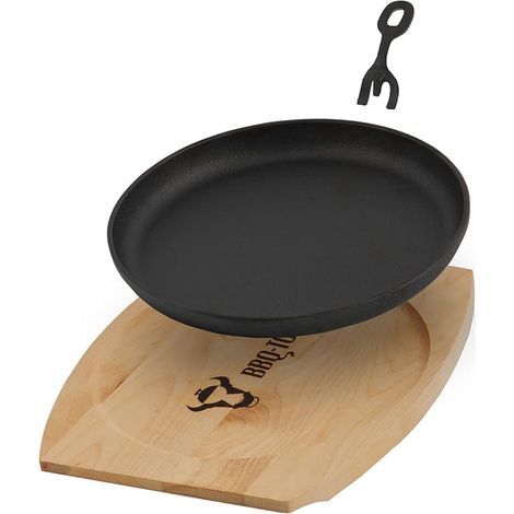 Poêle de service en fonte avec support en bois Ø 22 cm Ronde Poêles à barbecue avec poignée amovible Poêle en fonte poêle à paella