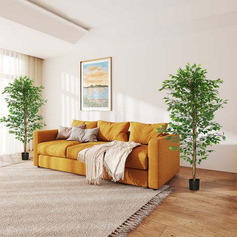 Lot de 2 plantes artificielles ficus hauteur 1.80 m tronc branches liane lichen feuilles grand réalisme pot inclus vert