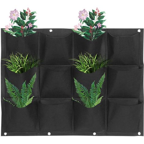 Vertikaler Pflanzbeutel für Balkon und Garten, Wandhänger für Blumen und Pflanzen, Schwarz, 12 Taschen (1/5)
