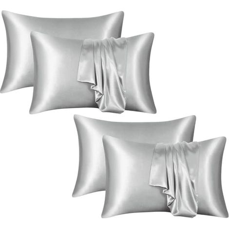 Taies d'oreiller imitation soie - 2 paires - Taies d'oreiller unies - Gris - Taies d'oreiller en polyester - 51 x 76 cm - Douces et lisses des deux côtés - Protègent la peau...