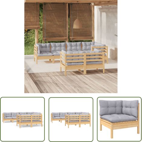 The Living Store 7-tlg. Garten-Lounge-Set mit Grauen Kissen Kiefer Massivholz - Gartensessel - Lounge Set - Gartenmöbel - Outdoor Möbel - Rattan Sessel (1/5)