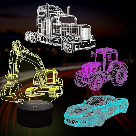 CREA Attoe Lampe de voiture 3D Veilleuse Illusion 3D pour enfants, camion, tracteur, pelle, 16 couleurs changeantes avec télécommande, intensité variable (4 modèles), chambre d'enfant D