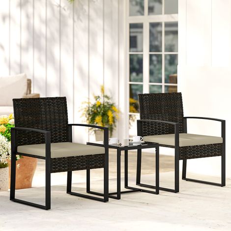 Salon de jardin extérieur en résine tressée 2 personnes, table de jardin avec 2 chaises, plateau en verre trempé, marron (1/5)