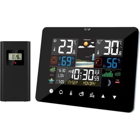 Station Météo avec Intérieure Extérieure Capteur sans Fil Station Météo de lever et coucher du soleil Réveil Thermomètre Hygromètre Opération d'écran tactile avec capteur extérieur sans fil (1/4)