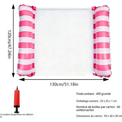 Hamac gonflable rayé pour piscine, fauteuil flottant aquatique à 2 tubes, matelas gonflable portable pour adultes et enfants - double rayure - rose (pompe à air)