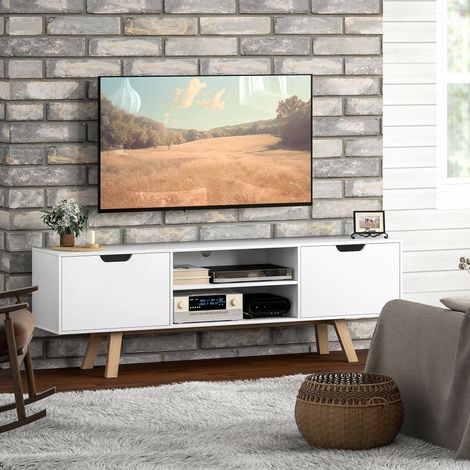 Meuble TV avec tiroirs et étagères ouvertes, MDF, 150 x 39 x 50 cm, blanc (1/5)