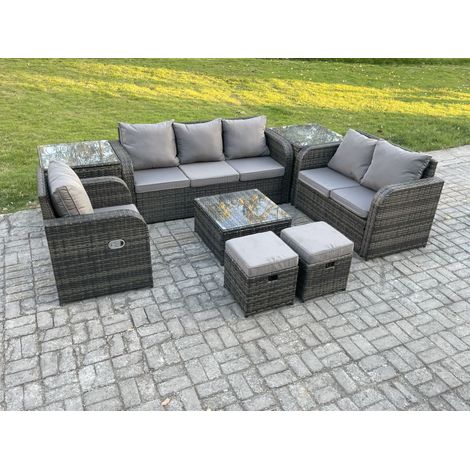 Fimous Meubles de jardin en rotin 8 places avec Gris Coussins 2 Table basse carrées d'appoint 2 Petits tabourets (1/5)