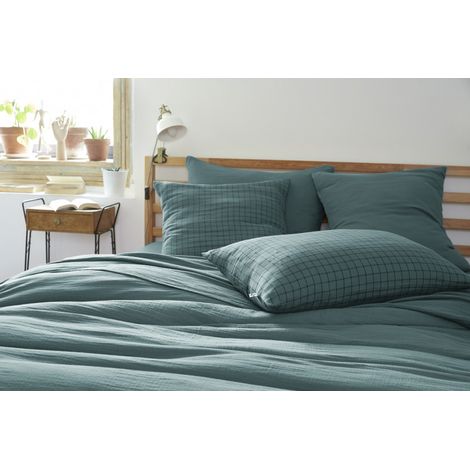 Taie d'oreiller Tissé-teint petits carreaux Déco "Gaïa Mix" 60 x 60 cm & 50 x 70 cm "Gaze de Coton" - Gaïa Mix Canard - 50 x 70 cm - Gaïa Mix Canard - (1/3)