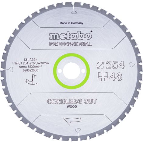 Lame de scie Metabo « cordless cut wood - professional », 254x2,2/1,6x30 Z48 WZ 5°nég (628692000)