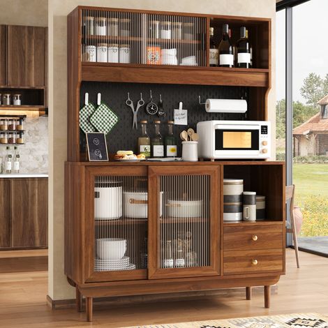 Buffet haut de cuisine effet noyer 117x30x170 cm - Vaisselier avec 4 portes coulissantes en verre cannelé, 2 tiroirs et niches ouvertes (1/5)