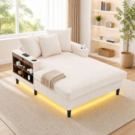Canapé avec méridienne en velours côtelé beige 129x170x70 cm, LED, USB, rangement et porte-gobelets (1/5)