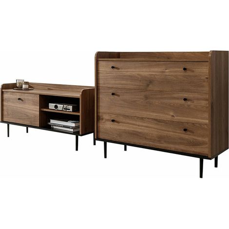 Mobilier1 – Ensemble de meubles de salon 2 pièces en stratifié noir et chêne foncé – Pieds en métal – Dimensions table TV 100x57x40cm – Compatible robots aspirateurs (1/5)