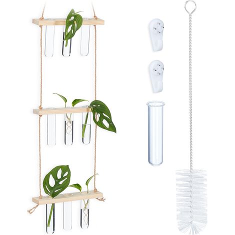 Relaxdays Station de propagation pour plantes, à suspendre, étagères en bois, 3 niveaux, nature - transparent