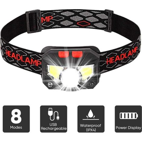 Lampada frontale a LED, ricaricabile tramite USB con sensore di movimento, 300 lumen, 8 modalità di illuminazione, impermeabile IPX4, 30 ore di autonomia continua, ideale per pesca, campeggio, lettura (1/4)