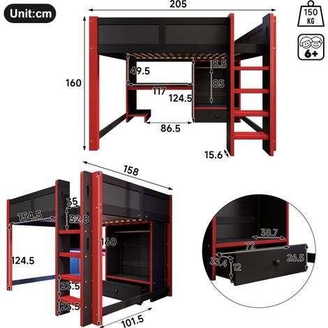 Lit mezzanine 140x200 cm, lit gaming avec bureau intégré, échelle, armoire et grands tiroirs, éclairage LED, noir et rouge, matelas non inclus. (1/5)