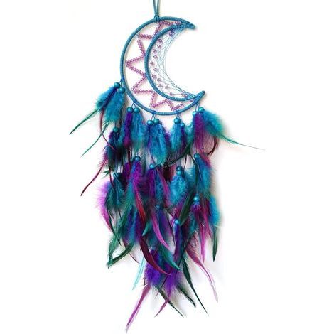 Attrape-rêves Lune pour Chambre à Coucher, Attrape-rêves Plumes Violettes et Bleues pour Adultes, Décoration Murale, Porte-bonheur (1/5)