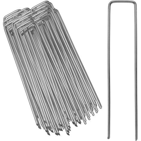 Paquete de 50 estacas de acero galvanizado para suelo - Para mallas antihierbas, telas de jardín, cercas y jardinería (150 x 25 mm - Ø 2,8 mm) (1/5)