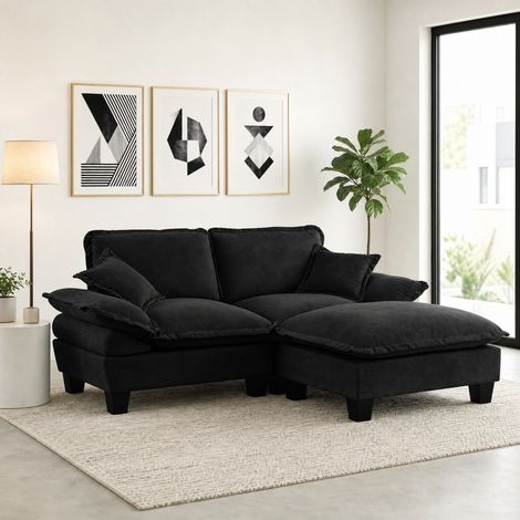 Canapé d’angle modulaire 194x151x90 cm noir en chenille avec ottomane amovible (1/5)