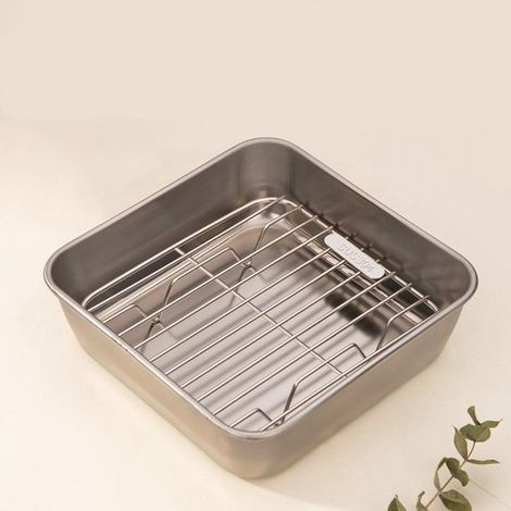 Set teglia e griglia per arrosti, teglia rettangolare in acciaio inox con rivestimento antiaderente per cucinare e cuocere al forno, accessori per friggitrici ad aria, dimensioni (1/2)
