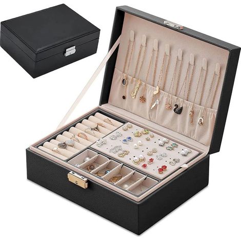 Boîte À Bijoux - Cuir PU Et Velours - 2 Niveaux Avec Serrure - Pour Bagues Colliers Boucles D Oreilles - 1 Pièce (1/5)