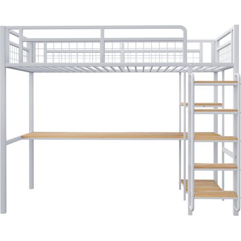 Letto a soppalco in metallo 90x200 cm bianco con scala sicura, scrivania e mensole HOMVRA (1/5)