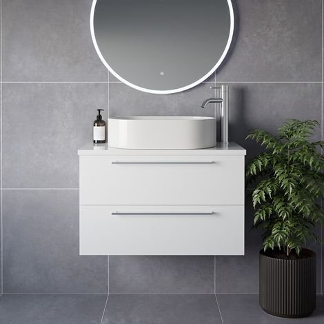 Napoli 390 Gloss White 800mm Wall Mounted 2 Drawer Vanity Unit for Countertop Basins - 800mm - Chrome 480mm Handle