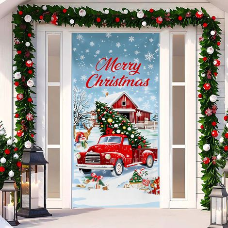 Rideau de porte de Noël 2026, bannière extérieure avec fond photo Père Noël et chien, tissu à suspendre - 90 x 180 cm (œillets + ruban) - 54