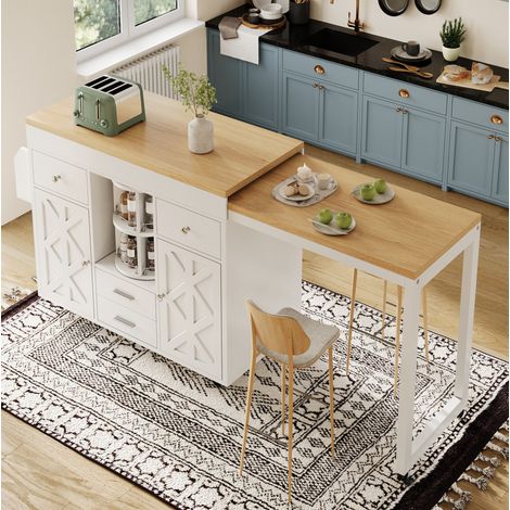 Isla de cocina extensible 180x40x91 cm en MDF blanco, con almacenaje para cocina FloraGrace (1/5)