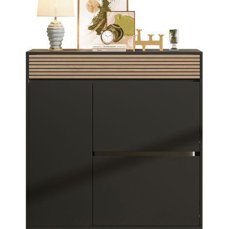 Meuble à chaussures ultra fin avec 1 porte, 2 abattants, tiroir, 4 compartiments, noir et bois, 100 x 35 x 105 cm, pour entrée - CHICFURN (1/5)