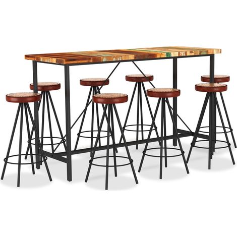 Ensemble de bar 9 pcs Bois de récupération et cuir véritable (1/5)