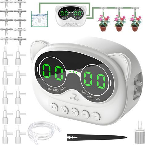 Système d'arrosage goutte-à-goutte automatique pour 10 plantes - Minuterie programmable, écran LED, pompe 1000 ml/h, batterie 2000 mAh, kit complet 10 m. (1/5)