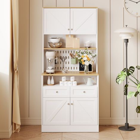 Buffet blanc 4 portes et 2 tiroirs avec poignées argentées, rangement élégant pour salle à manger et salon (1/5)