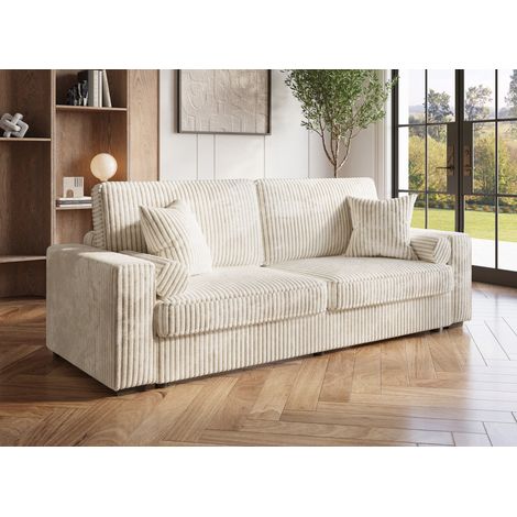 Deco In Paris – Canapé convertible 3 places velours côtelé épais beige – Largeur 230 cm – Accoudoirs rembourrés – Lit confortable pour 2 personnes