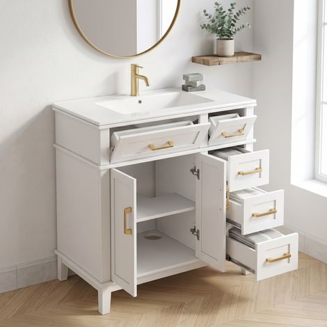 URBAN MEUBLE Meuble de Salle de Bain avec Vasque Céramique, Tiroirs et Placard Soft-Close (robinet non inclus) (1/5)