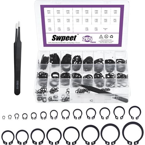 Sweet Pack of 266 External Alloy Steel Retaining Rings - 21 Sizes M4 to M28 mm - C-Clips with Tweezers Kit (1/5)