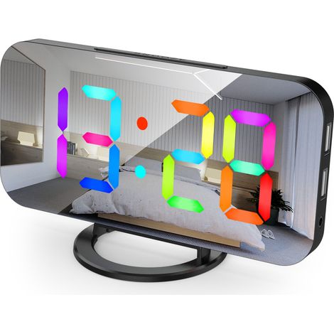Despertador digital con espejo, iluminación LED RGB dinámica, función de repetición de alarma, puerto de carga USB y visualización de hora en formato de 12/24 horas. (1/3)