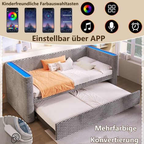 Lit de jour extensible 90/180×200cm velours gris,bande LED,cadre lattes sans matelas,canapé-lit multifonctionnel idéal pour les petits espaces (1/5)