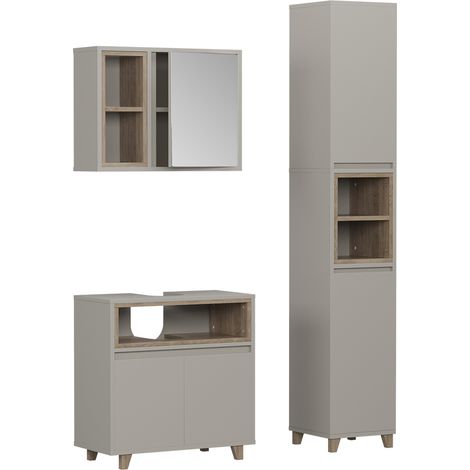 Badmöbel-Set Elnor, Greige/Eiche, 3 Teile mit Hochschrank, Vicco