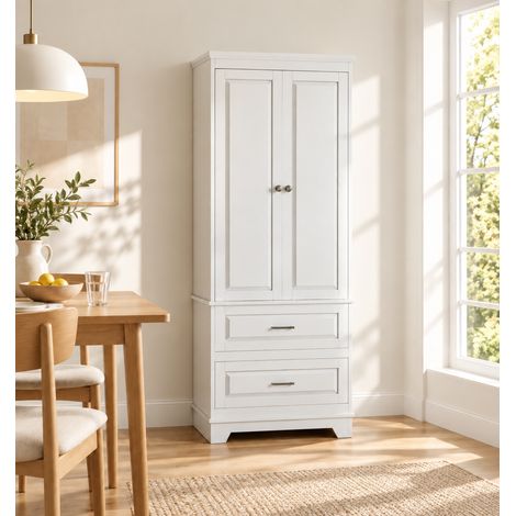 Mobile Alto Credenza, 2 Ante 2 Cassetti con Ripiano Regolabile, Dispositivo Antiribaltamento, per Bagno, Soggiorno e Camera da Letto, Bianco (1/5)