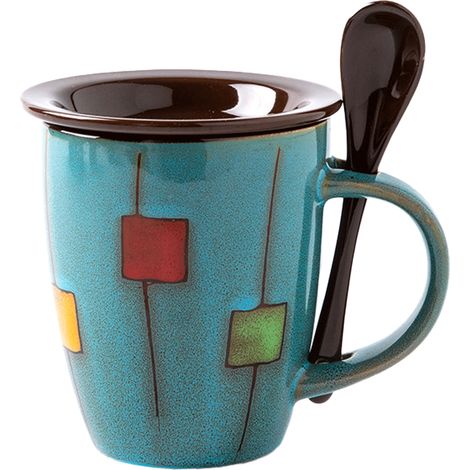 6 tasses à café avec soucoupes et cuillères, 350 ml, céramique, micro-ondes et lave-vaisselle