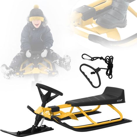 Hauki Lenkschlitten in Gelb, Kinderschlitten Rodel ab 5 Jahre, Skibob für Kinder und Erwachsene bis 90 kg, Schlitten mit Lenkrad, Fußbremse, Zugseil, Sitz mit Rückenlehne, Stahlrahmen, 119x38x50 cm (1/5)