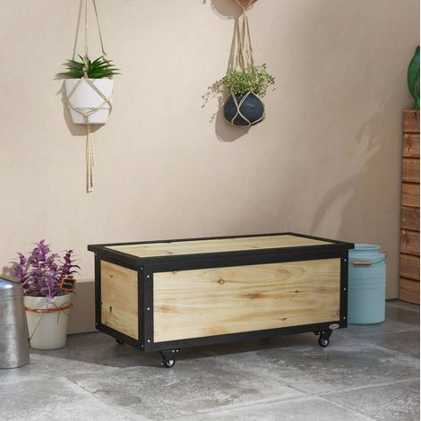 Coffre de rangement extérieur 100x50x43 cm en bois naturel, 121 L à roulettes pour balcon – MEUBLIV (1/5)